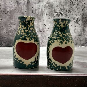 Vintage Red Apple Green Spongeware Salt & Pepper Shakers Set Farmhouse Style